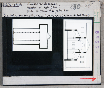 Vorschaubild Seligenstadt: Einhardtsbasilika, Grundriss und Querschnitt, Rekonstruktion 